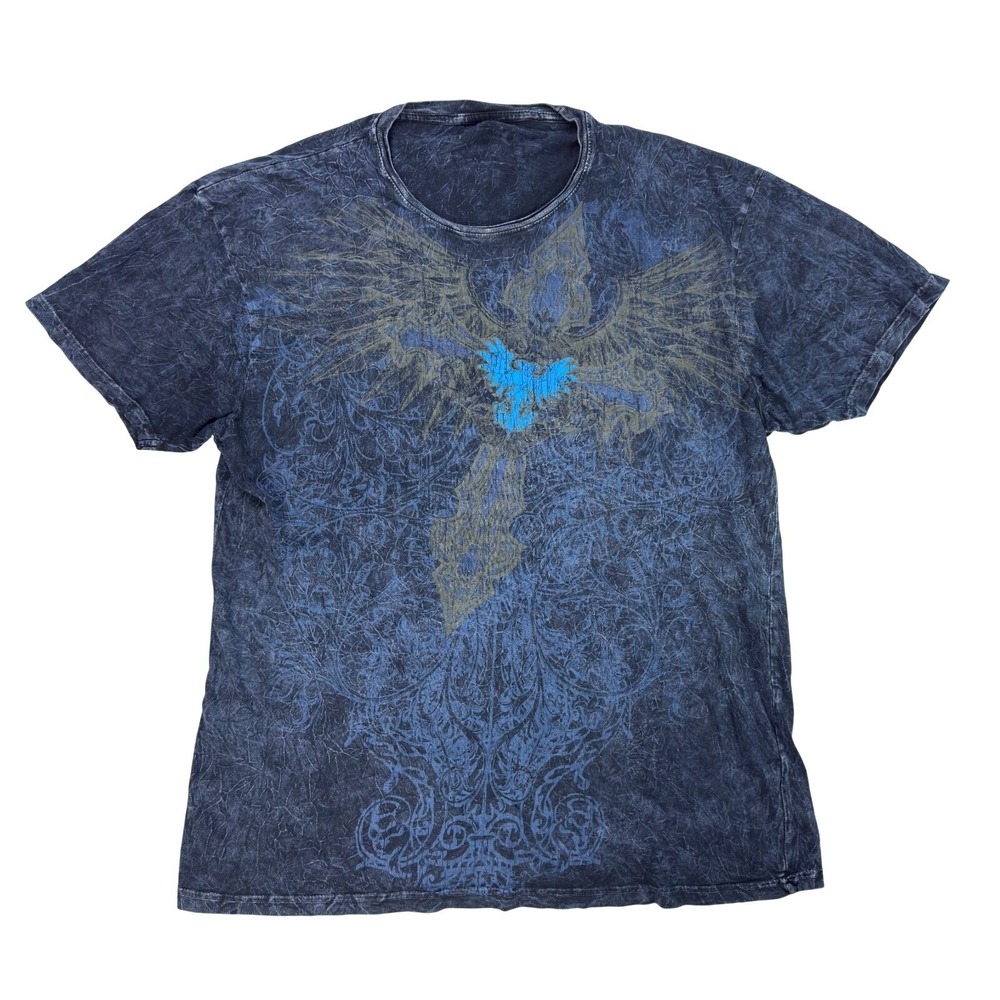 Vintage Y2K MMA T-Shirt‎ Mens Size L Skull Cross Wings Graphic Blue AOP